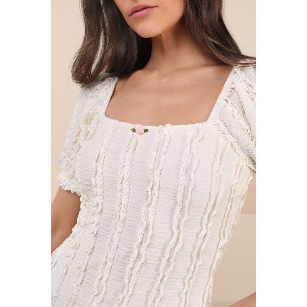 Lulus Typical Cutie Ivory Textured Puff Sleeve Midi Dress White - Size S